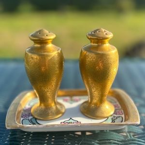 Pickard Gold Salt & Pepper on Handpainted Tray